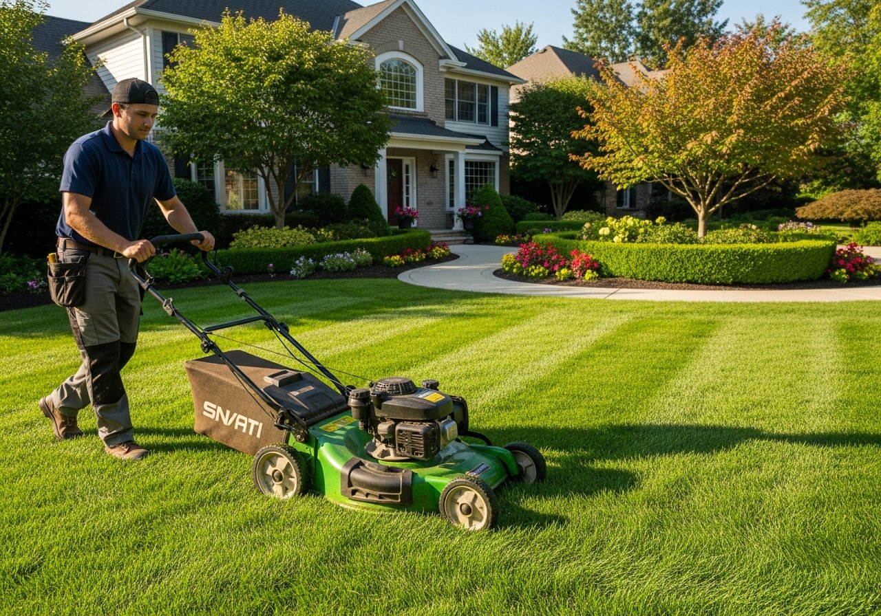 Professional lawn care worker mowing a beautiful green lawn